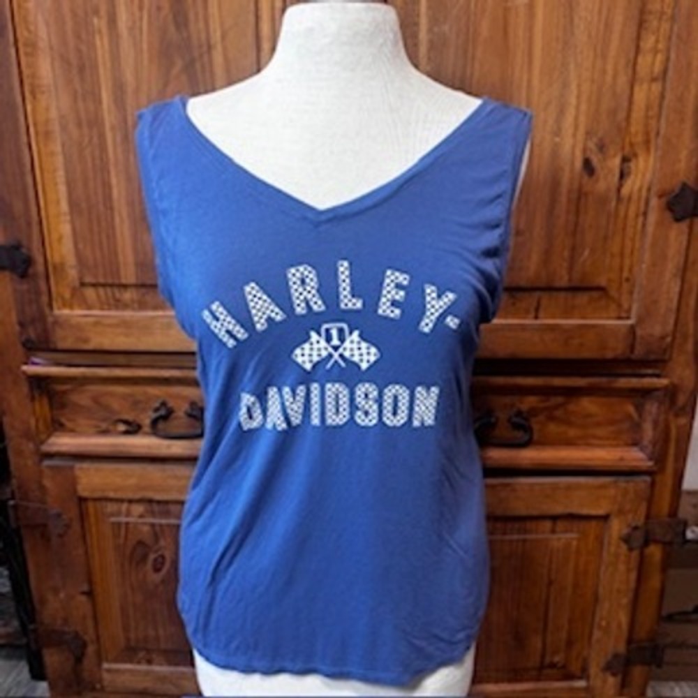 Harley-Davidson Blue Tank Top Checkered Flag Logo | Women's M